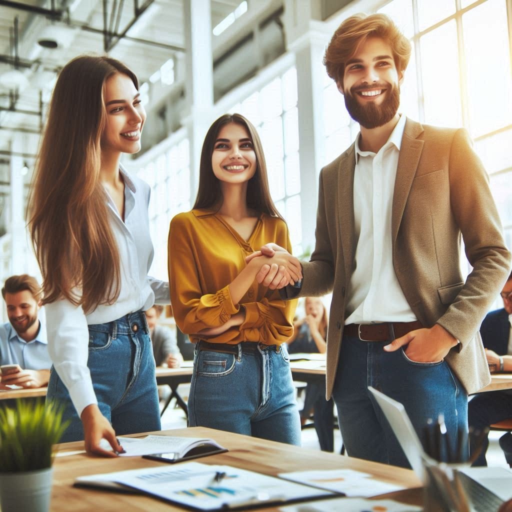 Ejemplo de negociaciones con proveedores mostrando personas negociando felices, vestidas informalmente en una oficina.