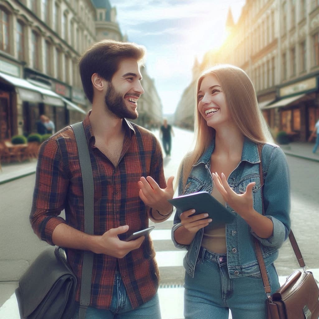 Ejemplo de acuerdos comerciales B2B mostrando dos personas negociando felices en la calle con espacios abiertos.